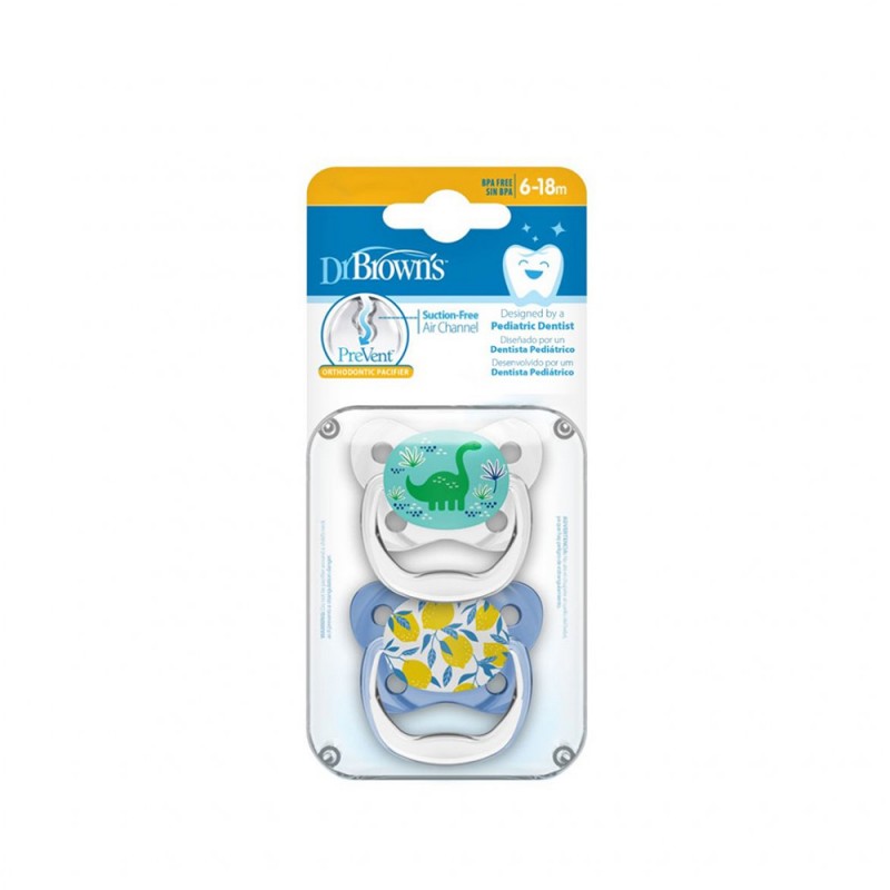پستانک ارتودنسی  6 تا 18 ماه  دکتر براون Dr Brown’s طرح دایناسور و لیمو بسته دو عددی