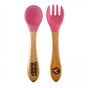 قاشق و چنگال سیلیکونی دسته چوبی هاگی باگی HUGGY BUGGY