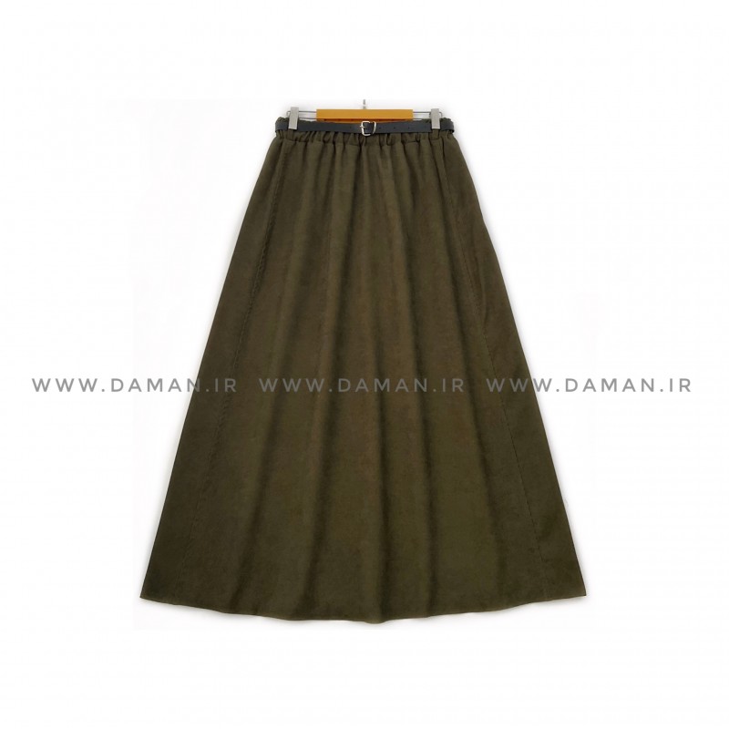 دامن مخمل کبریتی زیتونی   قد 90  با کمربند کد ( 111 )
