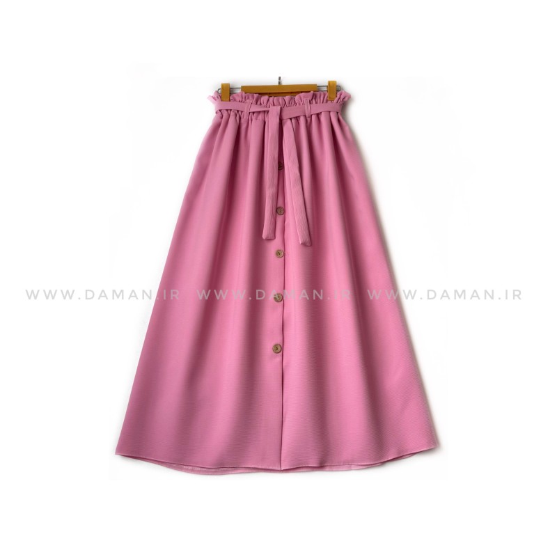 دامن دکمه دار  صورتی باربی  قد 90  با کمربند