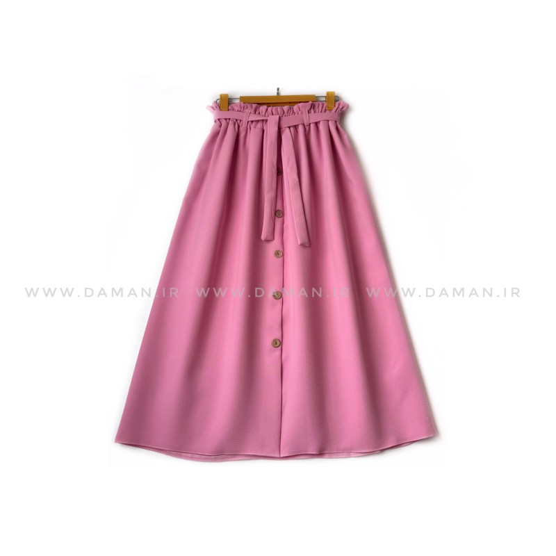 دامن دکمه دار  صورتی باربی  قد 80  با کمربند