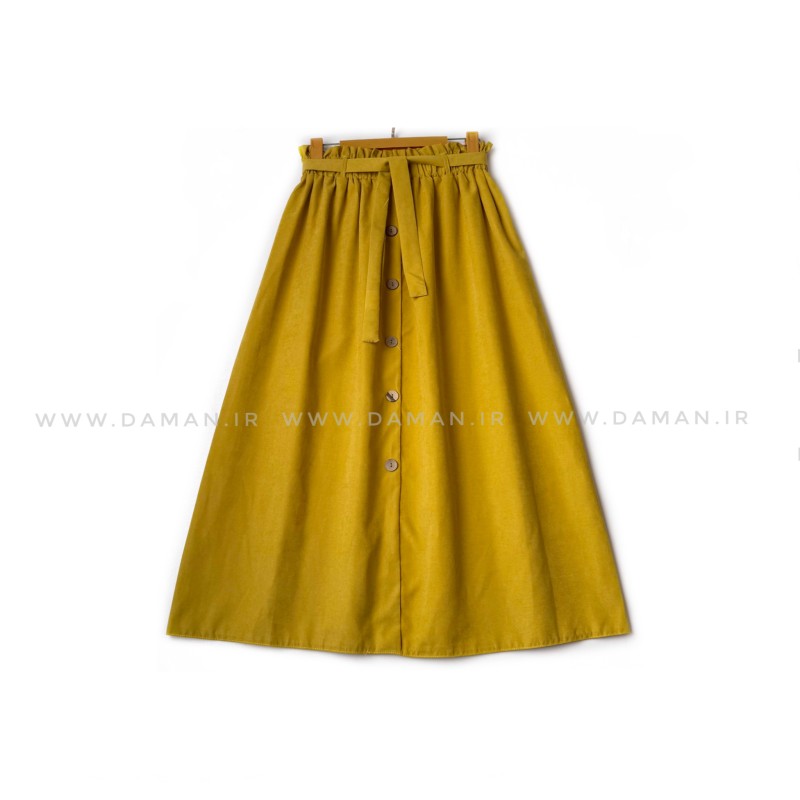 دامن دکمه دار خردلی  قد 80  با کمربند کد ( 44 )