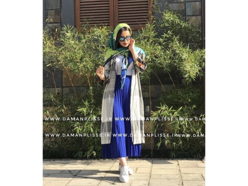 دامن پلیسه آبی کاربنی قد 90