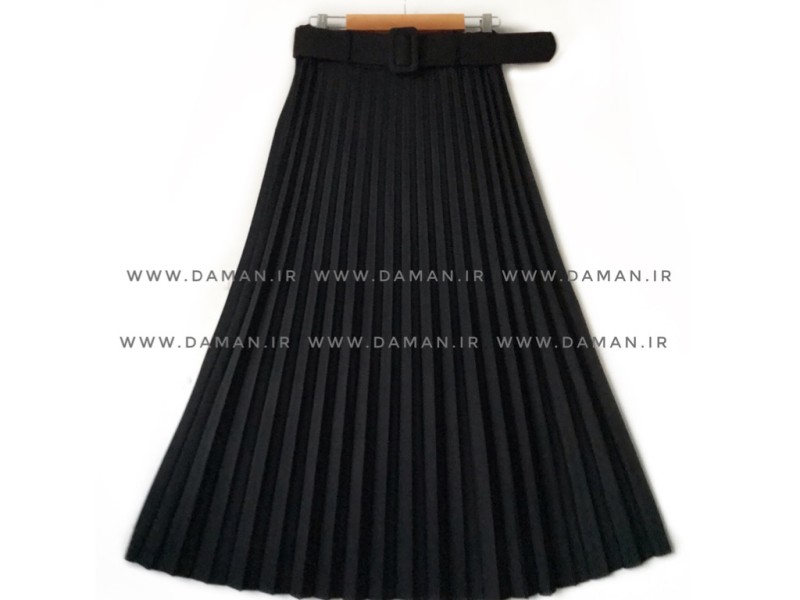 دامن پلیسه  مشکی قد ۹۰ با کمربند روکش پارچه
