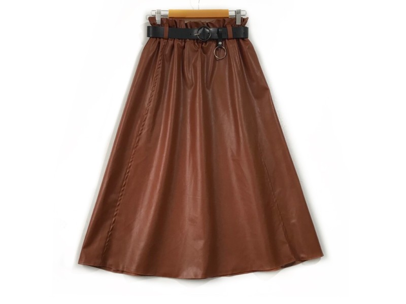 دامن  چرم  عسلي تيره قد  80  با کمربند