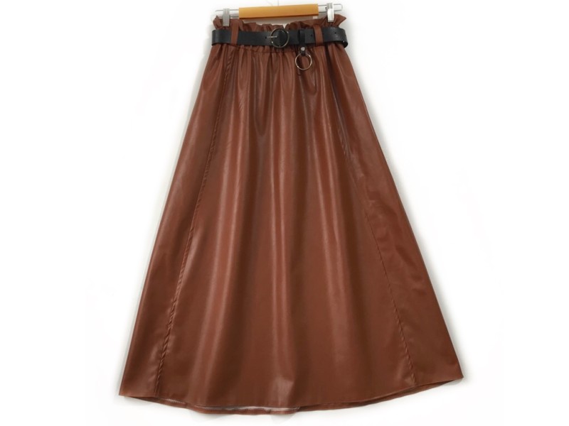 دامن  چرم  عسلي تيره قد  90  با کمربند