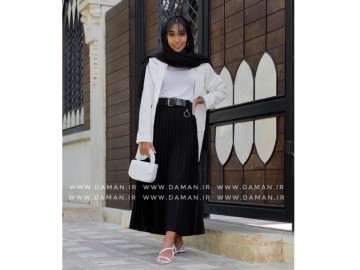 دامن پلیسه مشکی قد ۹۰  با کمربند چرم