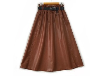 دامن  چرم  عسلي تيره قد  80  با کمربند