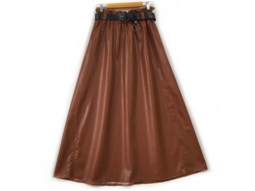 دامن  چرم  عسلي تيره قد  90  با کمربند