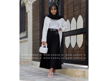 دامن پلیسه  مشکی قد ۸۰ با کمربند چرم