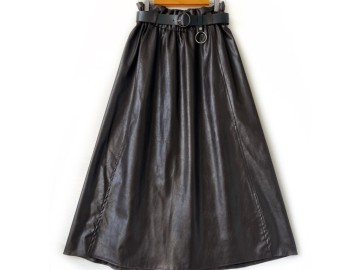 دامن  چرم  قهوه اي سوخته قد  90  با کمربند