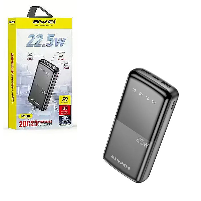 پاوربانک AWEI مدل P13K ظرفیت 20000 میلی آمپر ساعت 22.5 وات
