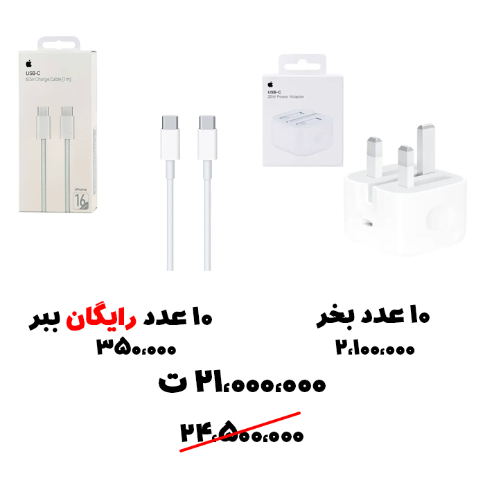 سبد تخفیف 94- شارژر آیفون 20 وات+ کابل آیفون 15