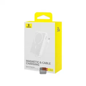 پاوربانک وایرلس مگنتیک توان 30 وات ظرفیت 10000 میلی آمپر باسئوس مدل Magnetic Mini Wireless P1002210B + کابل تایپ سی