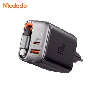 قیمت شارژر آداپتور دیواری 3پورت 67وات مک دودو مدل MCDODO CH-4100 GaN با کابل جمع شونده تایپ سی