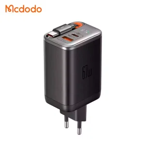 شارژر آداپتور دیواری 3پورت 67وات مک دودو مدل MCDODO CH-4100 GaN با کابل جمع شونده تایپ سی