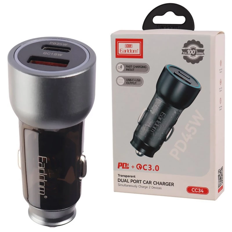 شارژر فندکی فست شارژ ماشین 25 وات 3 آمپر دو پورت ارلدام EARLDOM CC34