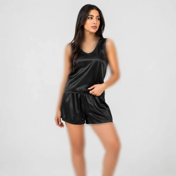 ست تاپ و شلوارک ساتن زنانه مشکی