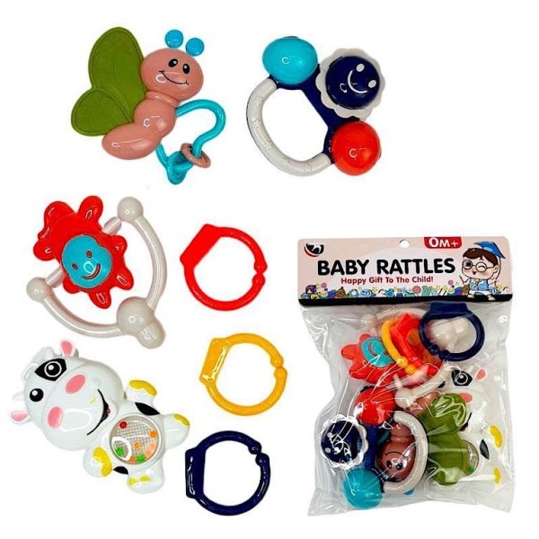 ست جغجغه و دندانگیر نوزادی 4 عددی با دستگیره آویز baby rattles