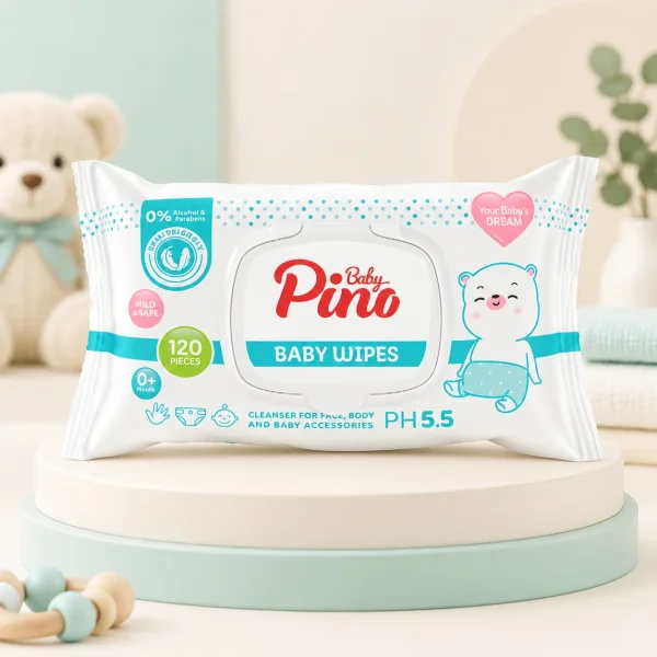 دستمال مرطوب آنتی باکتریال صورت و بدن نوزادی 120عددی پینو بیبی pino babyمل