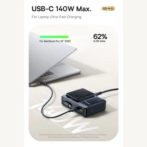 شارژر رومیزی یک یو‌اس‌بی، دو تایپ‌سی و یک کابل تایپ‌سی جمع شونده 140 وات و شارژر وایرلس مگنتی 15 وات تاشو چندکاره بیسوس