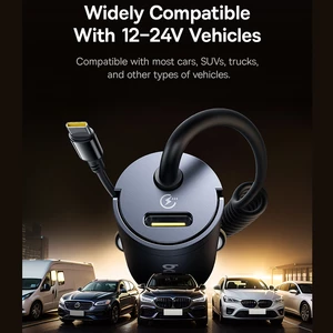 شارژر فندکی فست شارژ ماشین تایپ‌سی 30 وات با کابل فنری متصل تایپ‌سی بیسوس