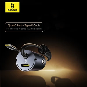 شارژر فندکی فست شارژ ماشین تایپ‌سی 30 وات با کابل فنری متصل تایپ‌سی بیسوس