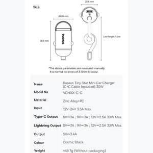 شارژر فندکی فست شارژ ماشین تایپ‌سی 30 وات با کابل فنری متصل تایپ‌سی بیسوس