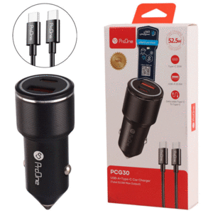 شارژر فندکی فست شارژ ماشین 30 وات Type-C و USB پرووان با کابل دوسر تایپ‌سی PCG30