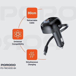 خرید شارژر فندکی دو پورت پورودو با کابل تایپ سی جمع‌شونده به طول 80 سانتی‌متر