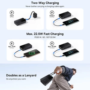 پاوربانک فست شارژ تایپ سی و یو اس بی باسئوس با کابل تایپ‌سی متصل و نمایشگر دیجیتالی