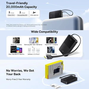 پاوربانک فست شارژ تایپ سی و یو اس بی باسئوس با کابل تایپ‌سی متصل و نمایشگر دیجیتالی