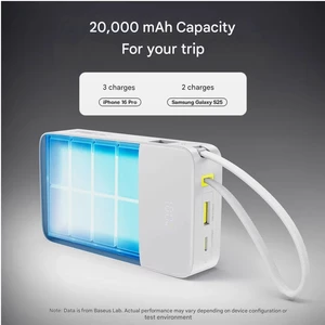 پاوربانک فست شارژ تایپ سی و یو اس بی باسئوس با کابل تایپ‌سی متصل و نمایشگر دیجیتالی