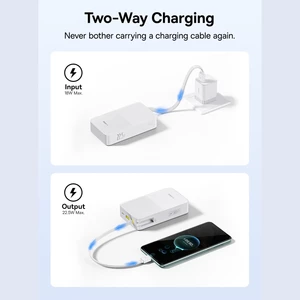 پاوربانک فست شارژ تایپ سی و یو اس بی باسئوس با کابل تایپ‌سی متصل و نمایشگر دیجیتالی