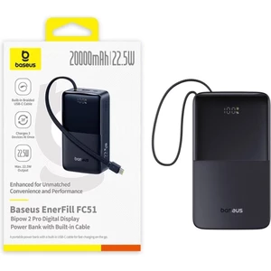 پاوربانک فست شارژ تایپ سی و یو اس بی باسئوس با کابل تایپ‌سی متصل و نمایشگر دیجیتالی