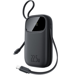 پاوربانک مشکی 20000 میلی‌آمپر یو اس بی و تایپ‌سی با کابل تایپ سی و لایتنینگ 22.5 وات بیسوس