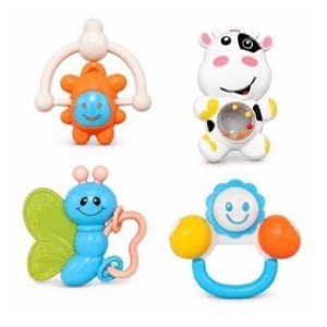 ست جغجغه و دندانگیر نوزادی 4 عددی با دستگیره آویز baby rattles