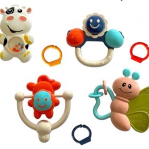 ست جغجغه و دندانگیر نوزادی 4 عددی با دستگیره آویز baby rattles