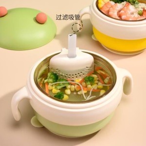 ظرف غذا استیل عایق دار دسته دار چسبان دارای نی نوشیدنی bowl