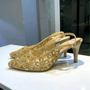 صندل مجلسی زنانه پاشنه‌دار مدل توری پولک‌ دوزی،رنگ مطابق تصویر