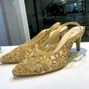 صندل مجلسی زنانه پاشنه‌دار مدل توری پولک‌ دوزی،رنگ مطابق تصویر