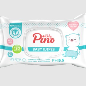 دستمال مرطوب آنتی باکتریال صورت و بدن نوزادی 120عددی پینو بیبی pino babyمل