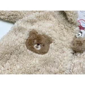 کاپشن سرهمی کلاهدار تدی نوزادی نسکافه ای روشن با دستکش و پاپوش
