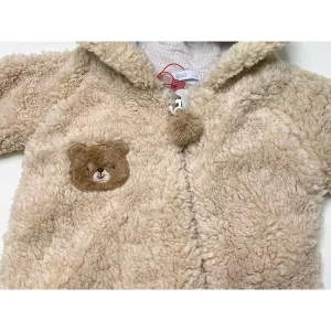کاپشن سرهمی کلاهدار تدی نوزادی نسکافه ای روشن با دستکش و پاپوش
