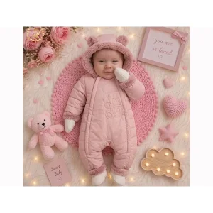 کاپشن سرهمی (اورال) به همراه پاپوش و دستکش طرح تدی صورتی رنگ