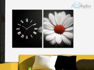 ساعت دیواری تابلو ای دو تکه طرح گل سفید