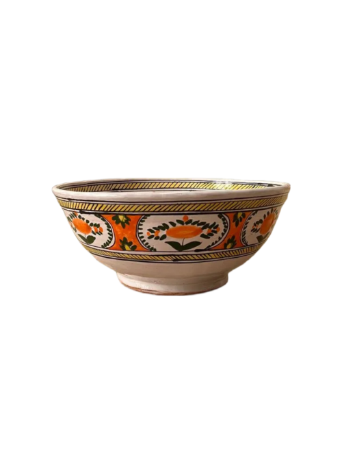 کاسه سفالی مند طرح گل نارنجی