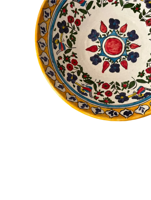 کاسه سفالی مند طرح مرغ
