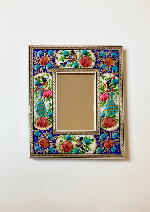 آینه خاتم‌کاری طرح گل‌ومرغ کوچک