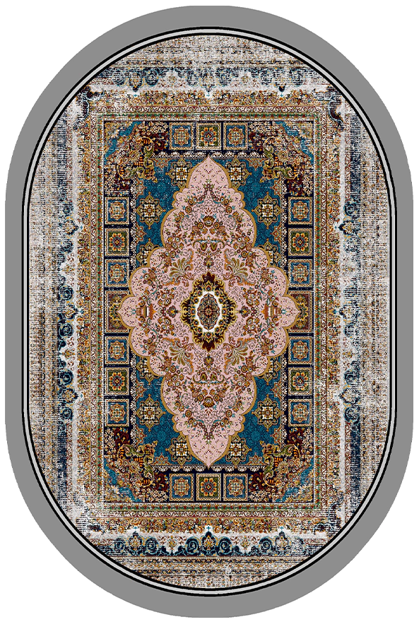 فرش بیضی ابریشم ماشینی طرح فانتزی مناسب حال و پذیرایی برند دفه کد ABRISHAM BAZI 1664